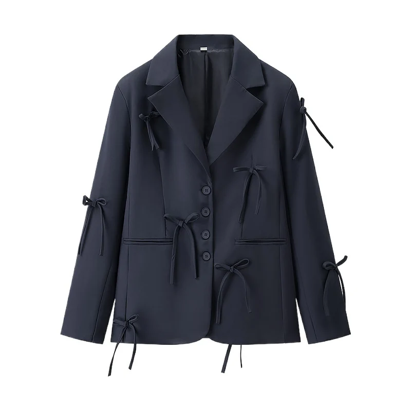 Damen Taillierter Blazer mit dekorativen Schleifen und abgestimmtem Minirock-Set Nord Taschen