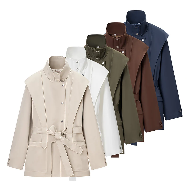 Damen Taillierte Übergangsjacke mit Stehkragen, Schultercape und Bindegürtel Nord Taschen