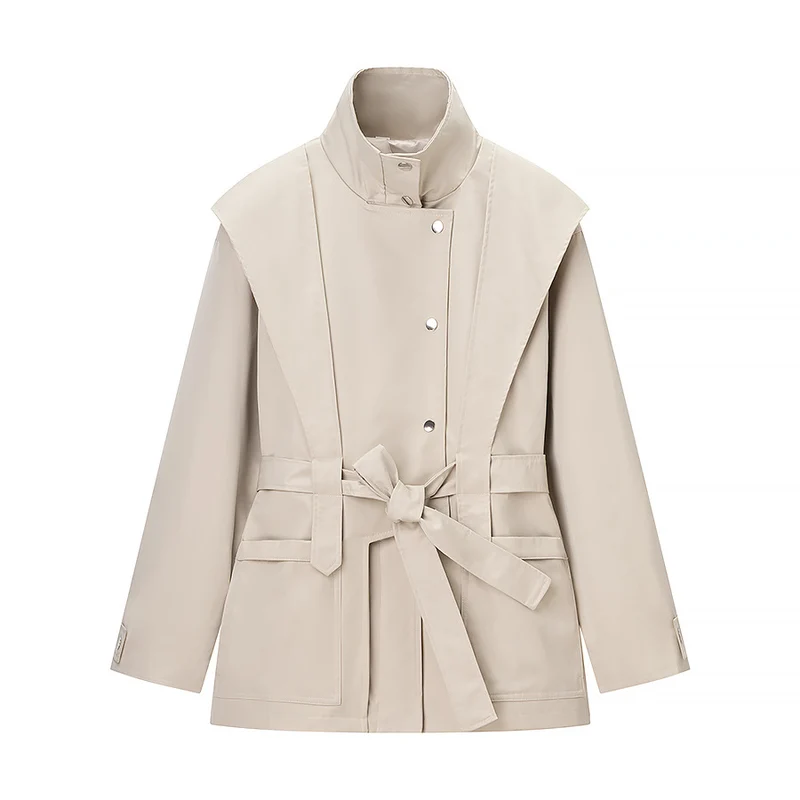 Damen Taillierte Übergangsjacke mit Stehkragen, Schultercape und Bindegürtel Nord Taschen
