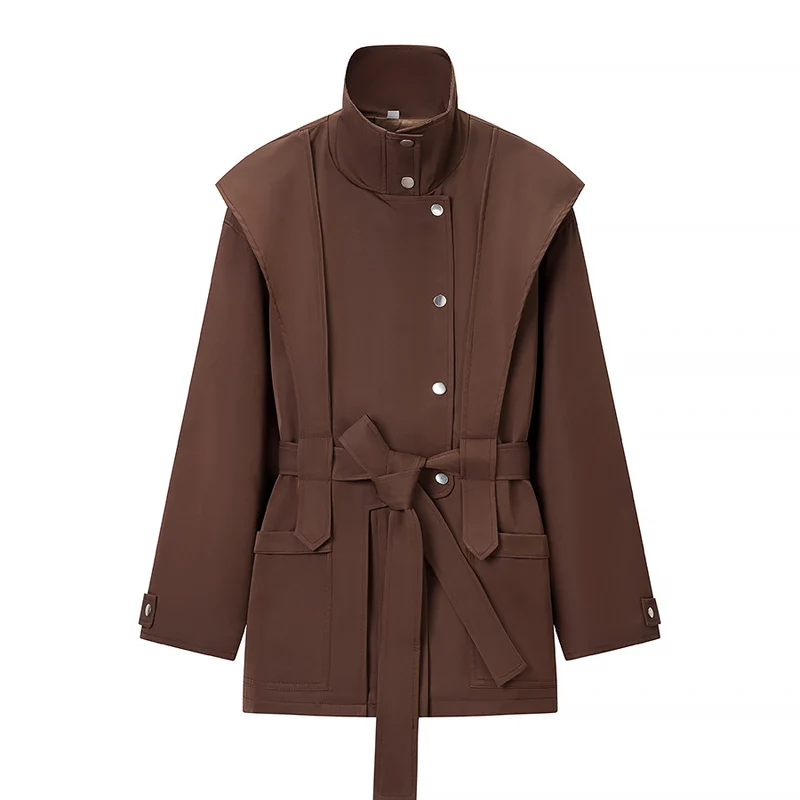 Damen Taillierte Übergangsjacke mit Stehkragen, Schultercape und Bindegürtel Nord Taschen