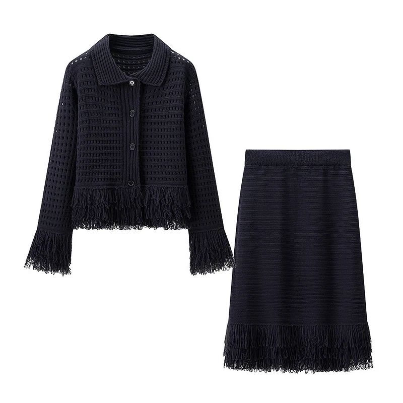 Damen Taillierte Strickjacke mit Fransenbesatz und Hemdkragen Nord Taschen