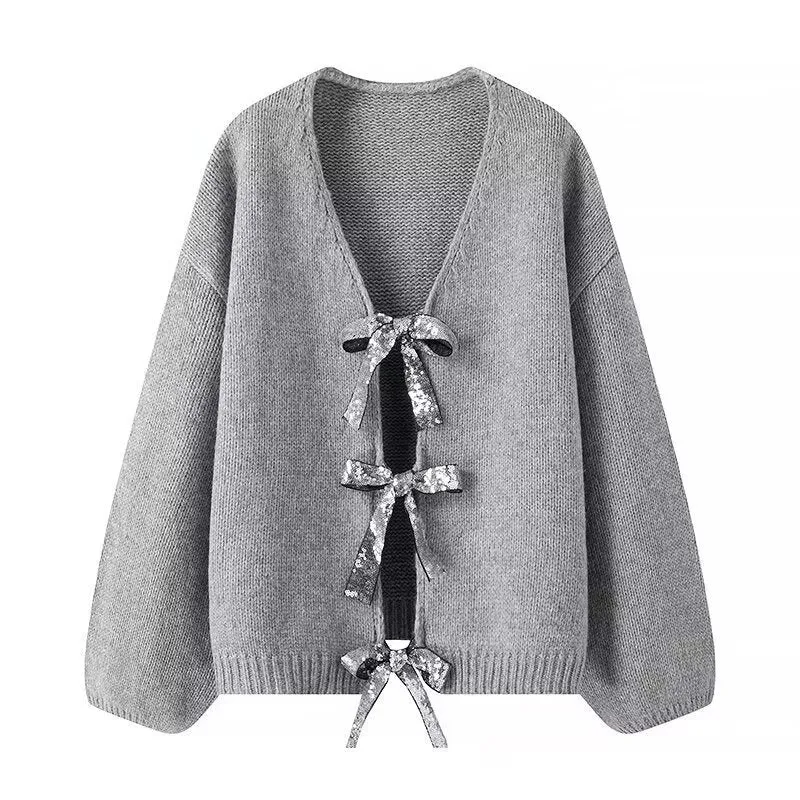 Damen Strickcardigan mit V-Ausschnitt und dreifachen Pailletten‑Schleifen Nord Taschen
