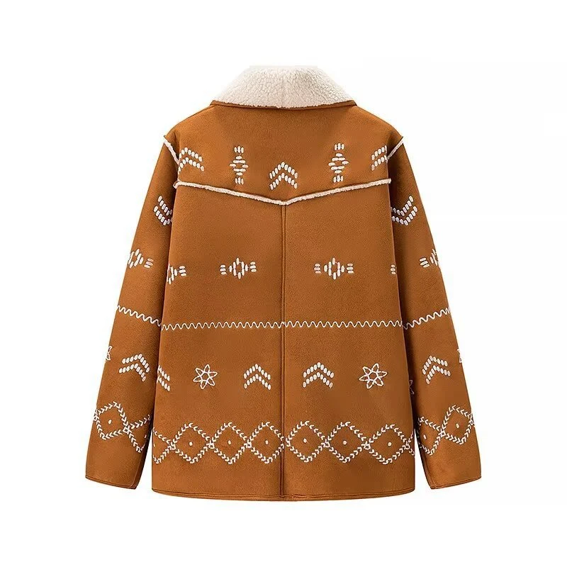 Damen Stickjacke im Lammfell‑Look mit Schalkragen Nord Taschen