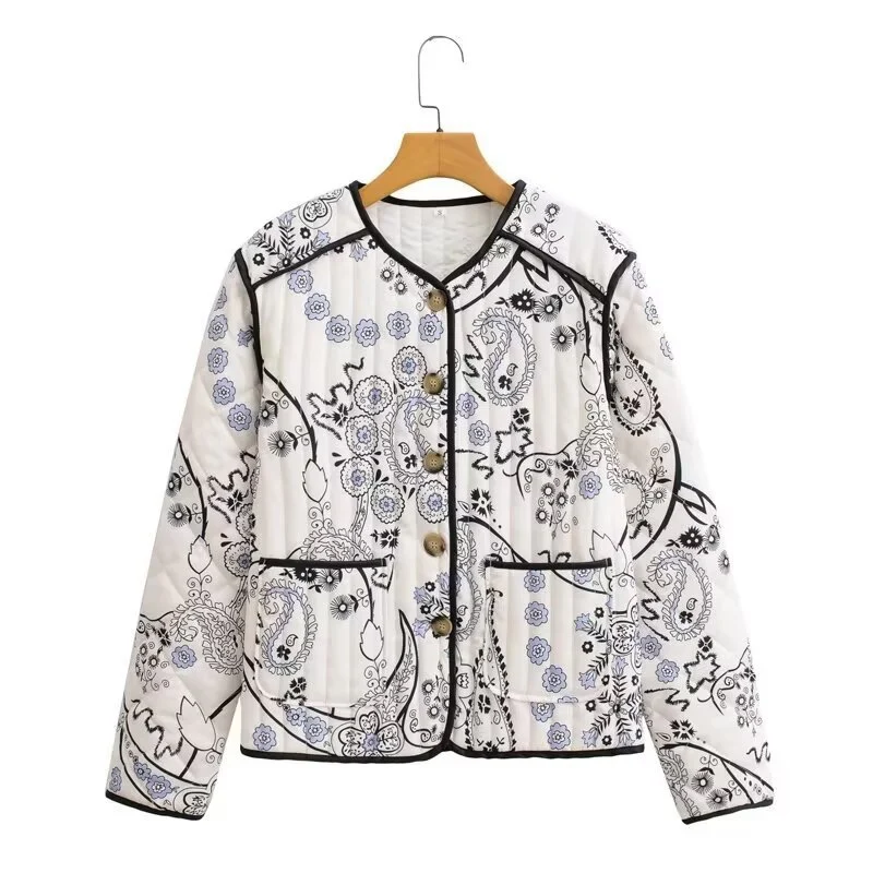 Damen Steppjacke mit Paisley-Print, Rundhals und Kontrastpaspel Nord Taschen