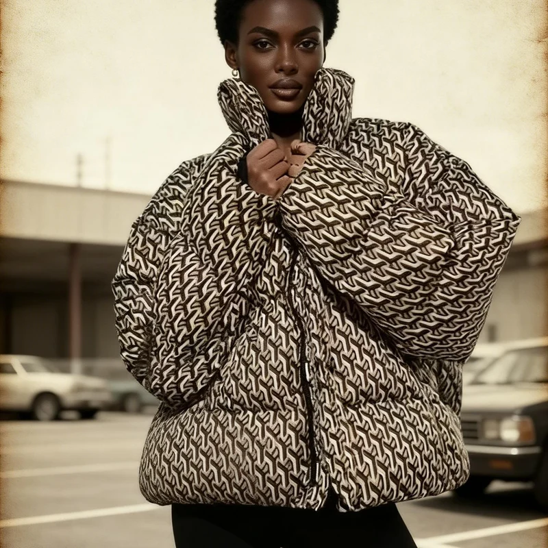 Damen Steppjacke mit hohem Kragen und grafischem Jacquardmuster Nord Taschen