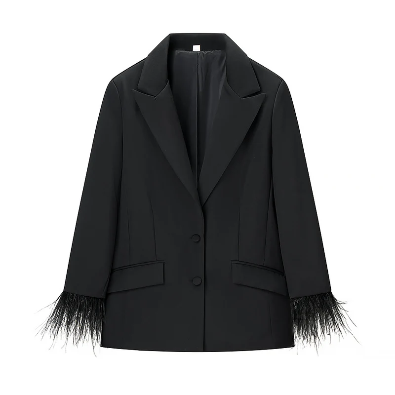 Damen Schicker taillierter Blazer-Hosenanzug mit Federbesatz an Manschetten Nord Taschen