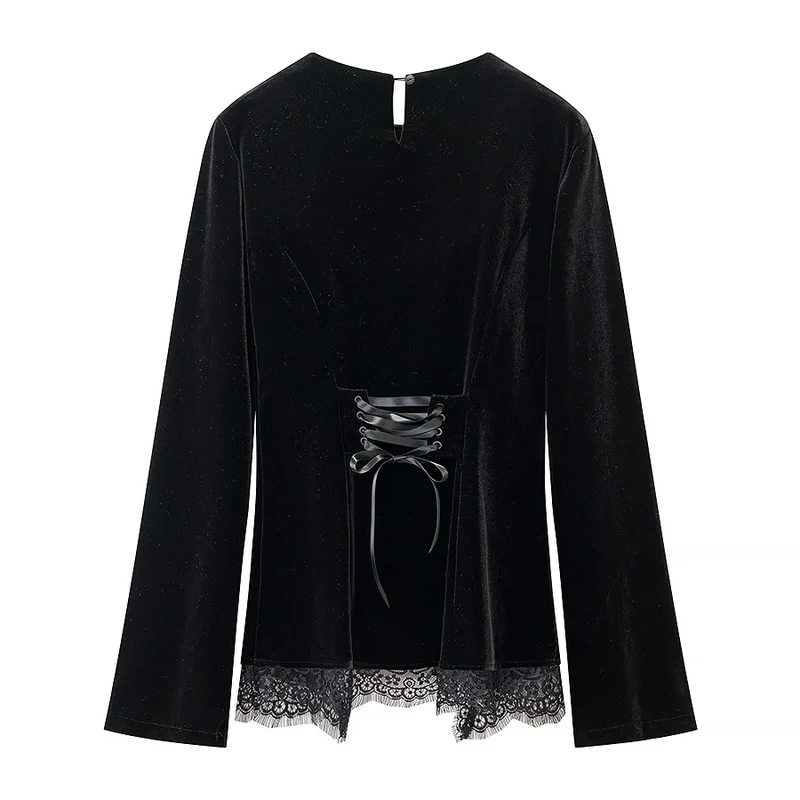 Damen Samtbluse mit Spitzen-Insert und asymmetrischem Spitzensaum Nord Taschen