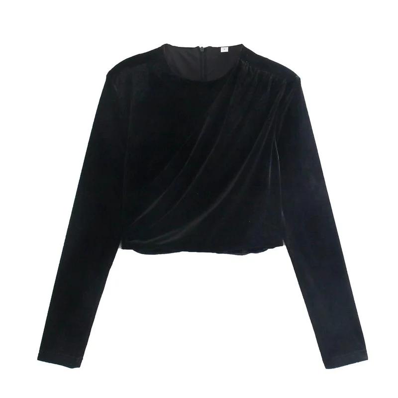 Damen Samt-Cropped-Bluse mit Drapierung und Rundhalsausschnitt Nord Taschen