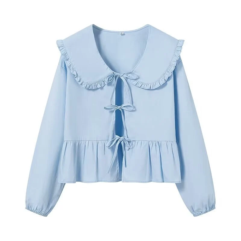 Damen Rüschige Cropped-Bluse mit übergroßem Kragen, Bindebändern und tailliertem Peplum Nord Taschen