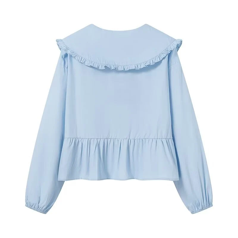 Damen Rüschige Cropped-Bluse mit übergroßem Kragen, Bindebändern und tailliertem Peplum Nord Taschen