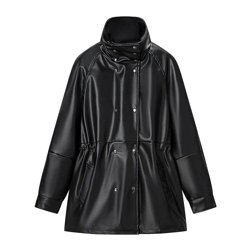 Damen Regenjacke aus Lederoptik mit hohem Stehkragen, Taillenzug und Druckknopffront Nord Taschen