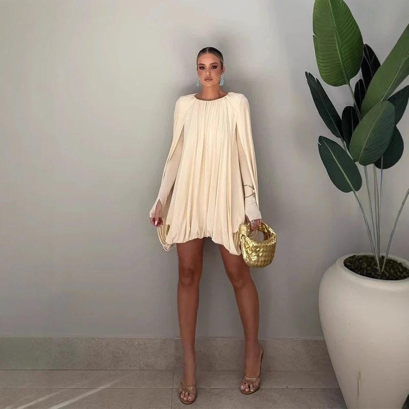 Damen Plissiertes Cocktail-Minikleid mit langen eng anliegenden Ärmeln und balloniertem Saum Nord Taschen