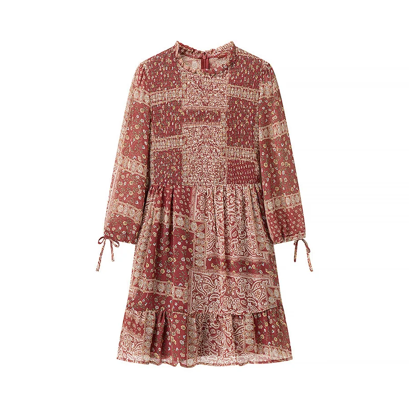 Damen Patchwork-Rüschen-Minikleid mit Smock-Bustier und Volantstufen Nord Taschen