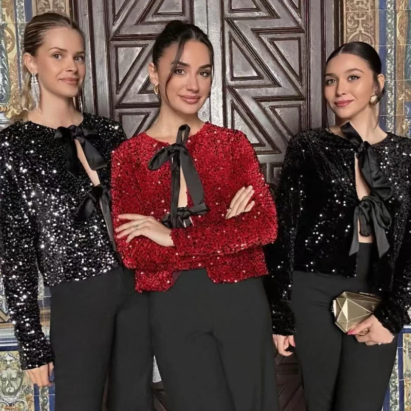 Damen Pailletten-Bolerojacke mit dekorativen Satin-Schleifen Nord Taschen