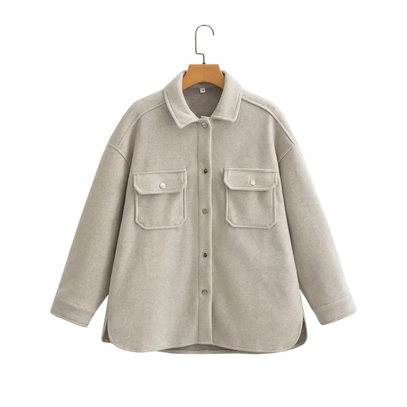 Damen Oversized Teddy-Hemdjacke mit Druckknopfverschlüssen und aufgesetzten Brusttaschen Nord Taschen