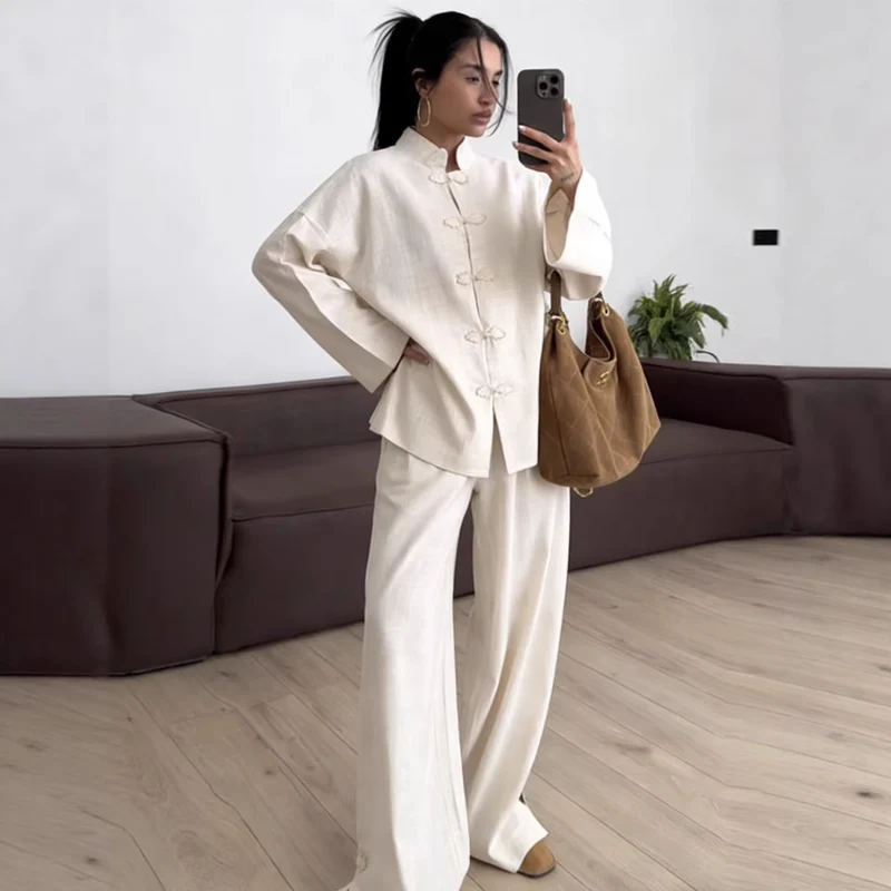 Damen Oversized Mandarinjacke mit Knotenverschlüssen und weitem Arm Nord Taschen