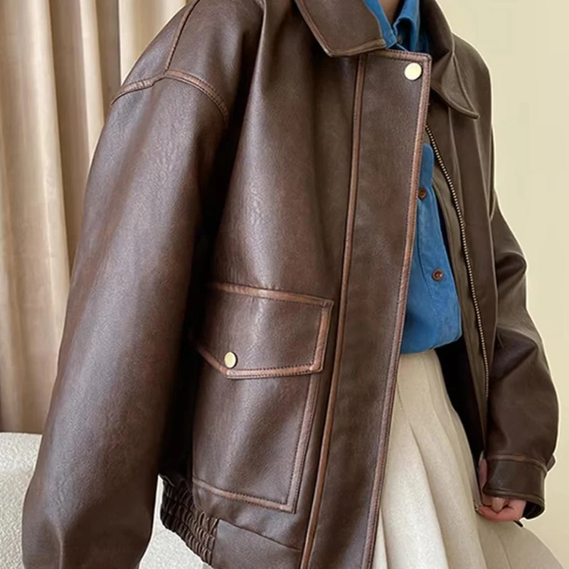 Damen Oversized-Kunstlederblouson mit Hemdkragen, aufgesetzten Pattentaschen und verdeckter Reißverschlussleiste Nord Taschen