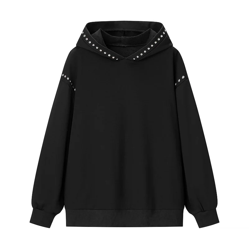 Damen Oversized Kapuzenpullover mit Nietenbesatz und Ballonärmeln Nord Taschen
