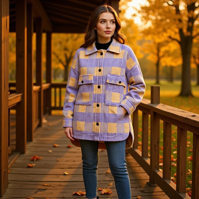 Damen Oversized Hemdjacke im Karo mit großen Pattentaschen und gerundetem Saum Nord Taschen