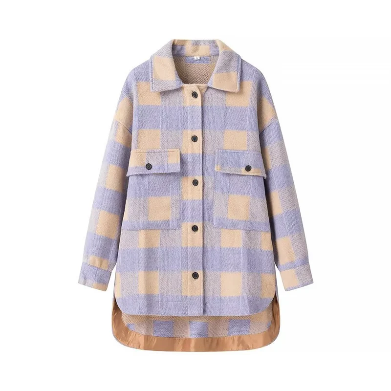 Damen Oversized Hemdjacke im Karo mit großen Pattentaschen und gerundetem Saum Nord Taschen