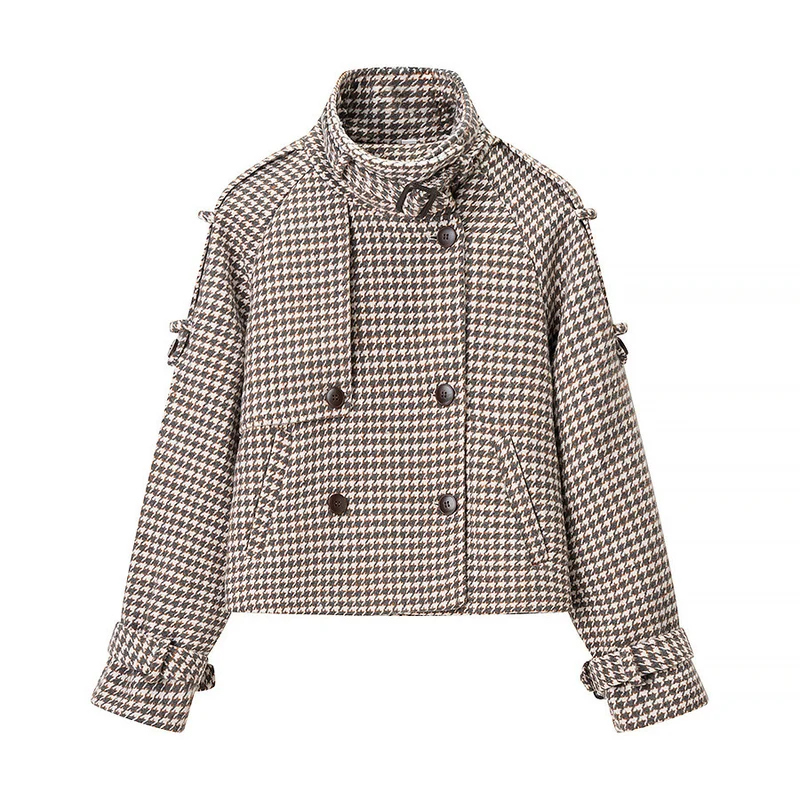 Damen Oversize-Trenchcoat mit Hahnentritt-Muster, hohem Stehkragen und Schulterklappen Nord Taschen