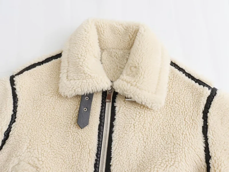 Damen Oversize-Teddyjacke im Aviator-Stil mit Kunstleder-Paspel, Stehkragen und Reißverschluss Nord Taschen
