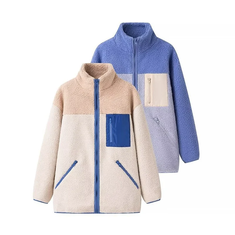 Damen Oversize Teddy-Fleecejacke mit Stehkragen, Reißverschlusstaschen und Nylon-Brusttasche Nord Taschen