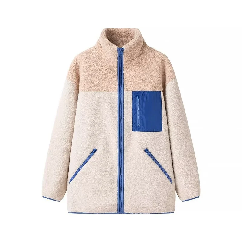 Damen Oversize Teddy-Fleecejacke mit Stehkragen, Reißverschlusstaschen und Nylon-Brusttasche Nord Taschen
