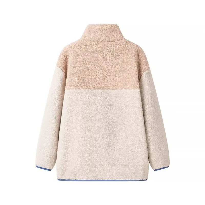 Damen Oversize Teddy-Fleecejacke mit Stehkragen, Reißverschlusstaschen und Nylon-Brusttasche Nord Taschen