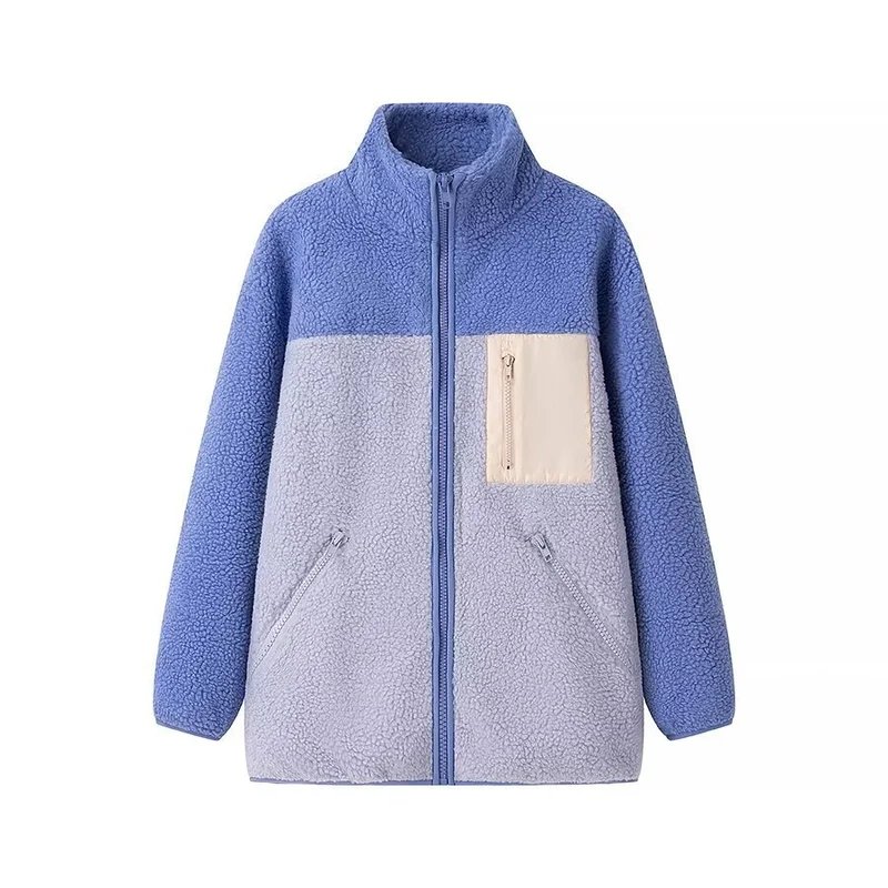 Damen Oversize Teddy-Fleecejacke mit Stehkragen, Reißverschlusstaschen und Nylon-Brusttasche Nord Taschen