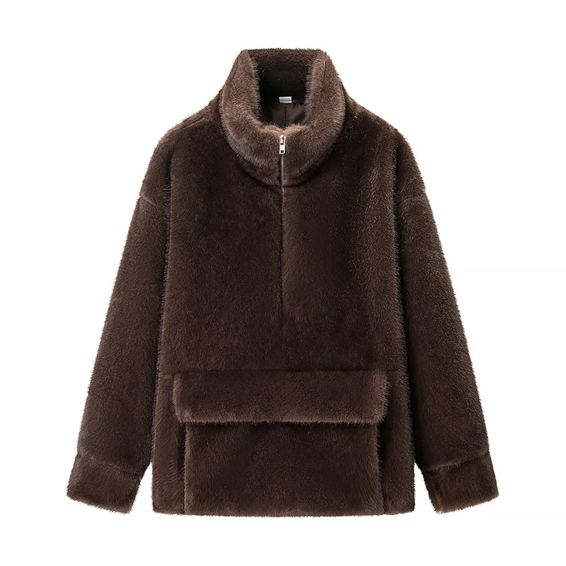 Damen Oversize Teddy-Fleece-Pullover mit halbem Reißverschluss und großer Klappentasche Nord Taschen
