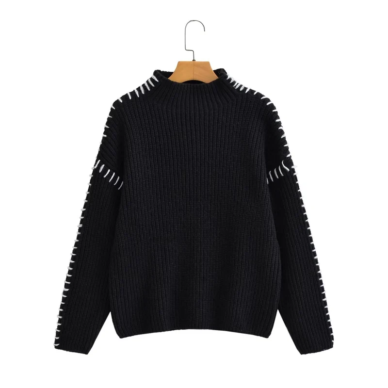 Damen Oversize-Strickpullover mit Stehkragen, Ballonärmeln und Ziernaht Nord Taschen