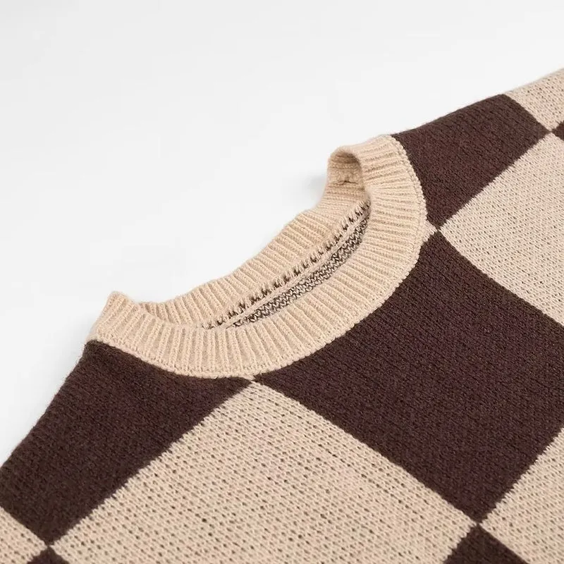 Damen Oversize-Strickpullover mit großem Karo‑Muster und geripptem Saum Nord Taschen