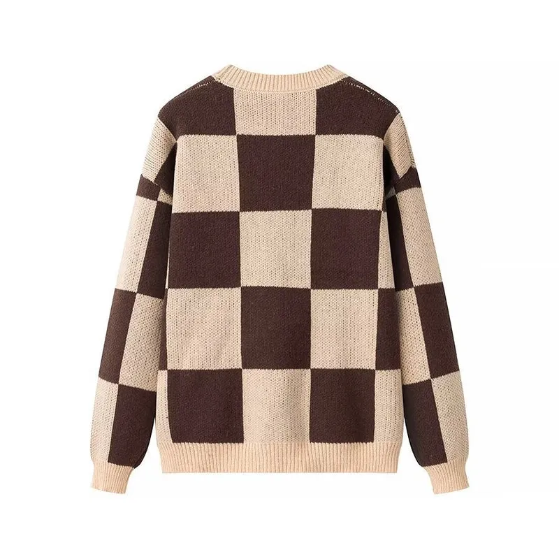 Damen Oversize-Strickpullover mit großem Karo‑Muster und geripptem Saum Nord Taschen