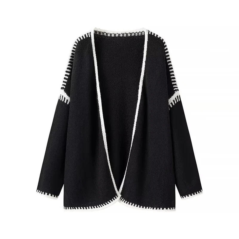 Damen Oversize-Strickjacke mit kontrastierender Häkelkante und überschnittener Schulter Nord Taschen