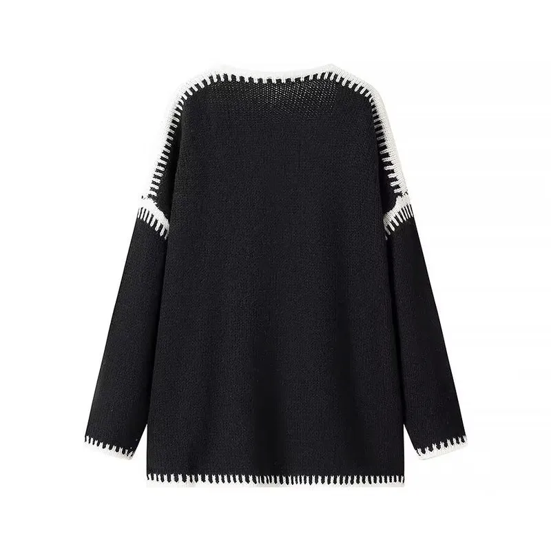 Damen Oversize-Strickjacke mit kontrastierender Häkelkante und überschnittener Schulter Nord Taschen