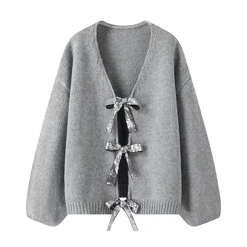 Damen Oversize-Strickcardigan mit V‑Ausschnitt und Pailletten‑Schleifen Nord Taschen