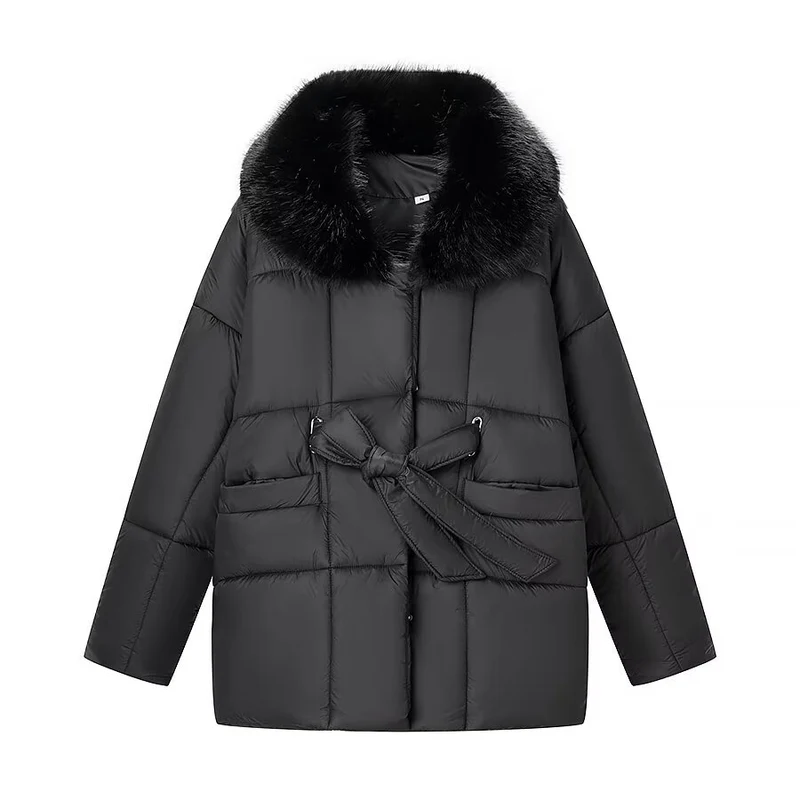 Damen Oversize Steppjacke mit Taillengürtel und Kunstfellkragen Nord Taschen