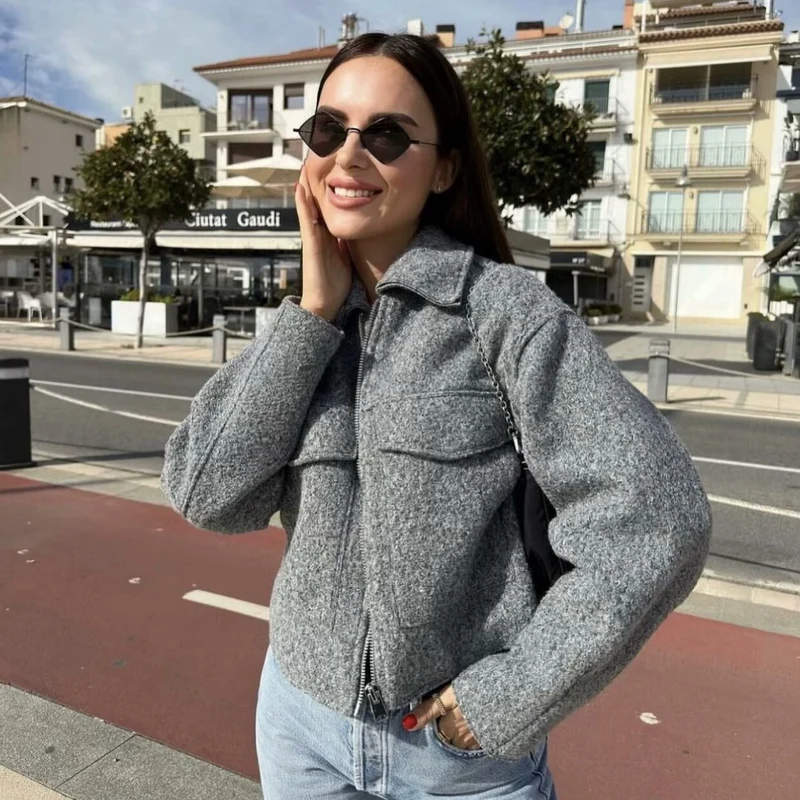 Damen Oversize-Shacket aus Wollmix mit Reißverschluss und aufgesetzten Pattentaschen Nord Taschen