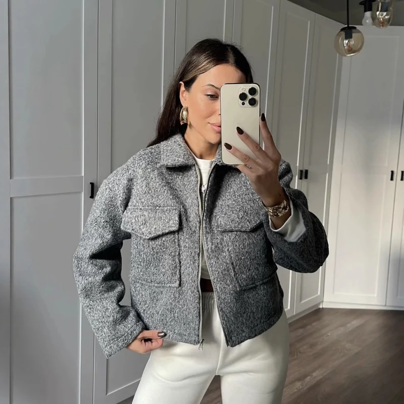Damen Oversize-Shacket aus Wollmix mit Reißverschluss und aufgesetzten Pattentaschen Nord Taschen