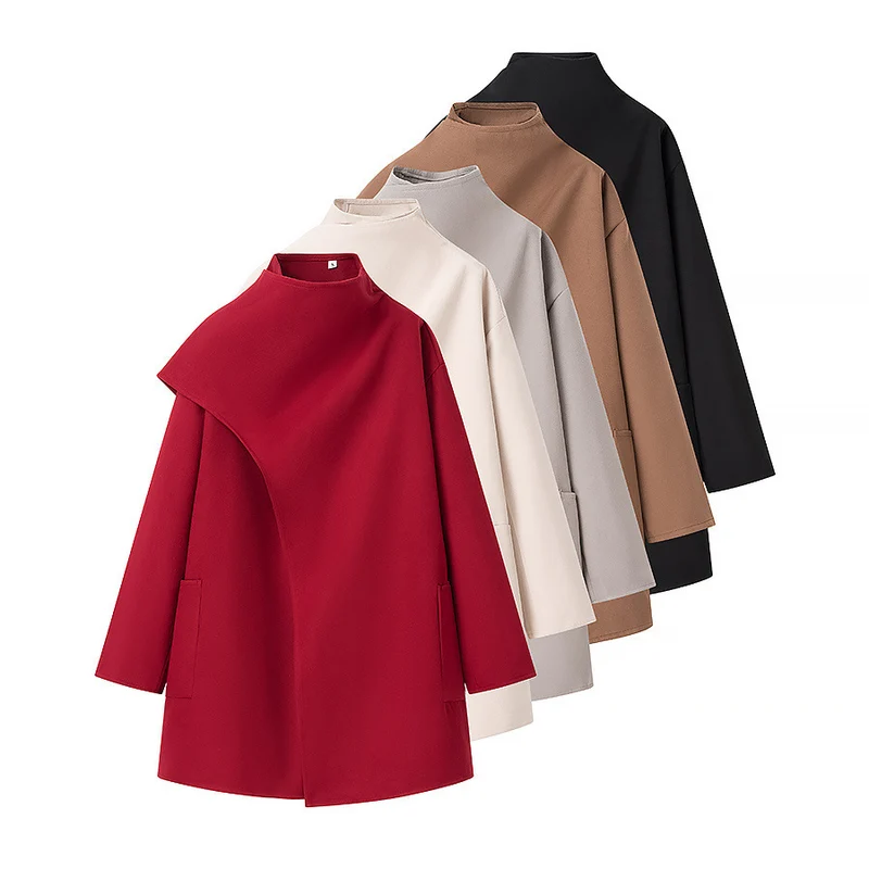 Damen Oversize-Mantel mit Stehkragen, asymmetrischem Überwurf und aufgesetzter Tasche Nord Taschen