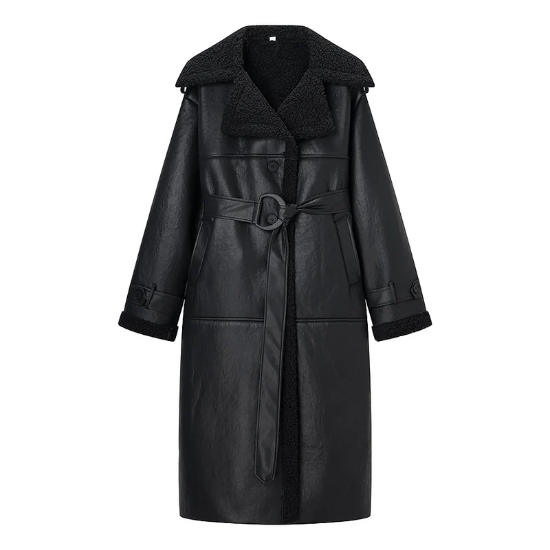 Damen Oversize Lammfellmantel mit Gürtel und Teddyfutter Nord Taschen