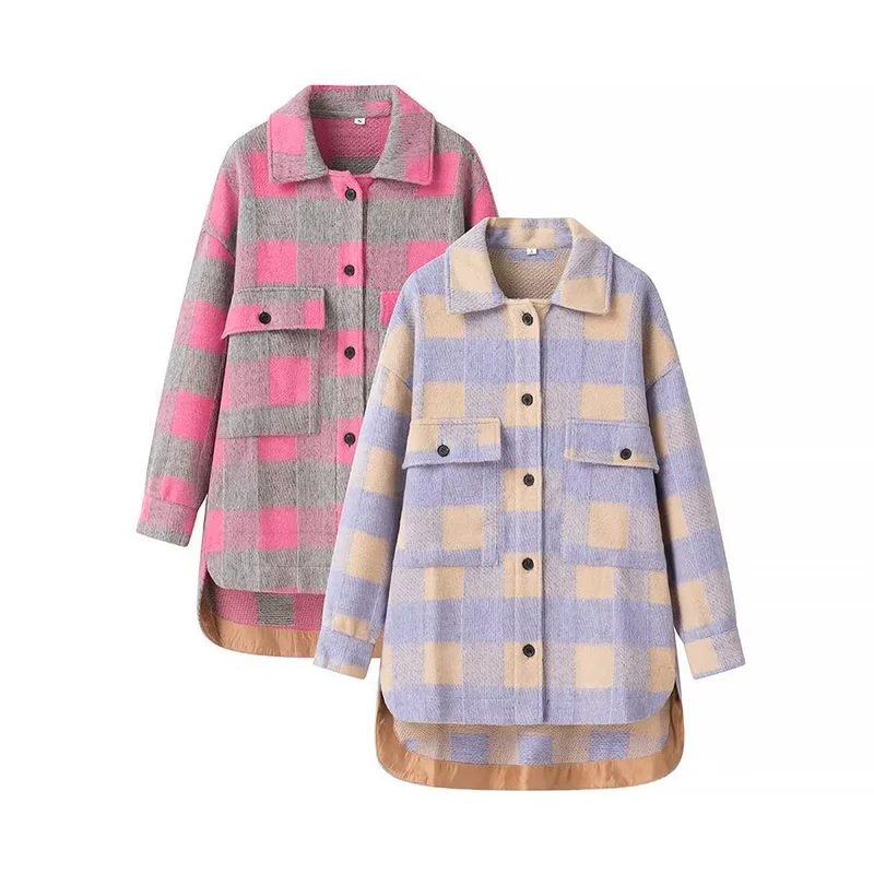 Damen Oversize-Karo‑Teddyjacke mit verlängertem Rückenteil und aufgesetzten Brusttaschen Nord Taschen