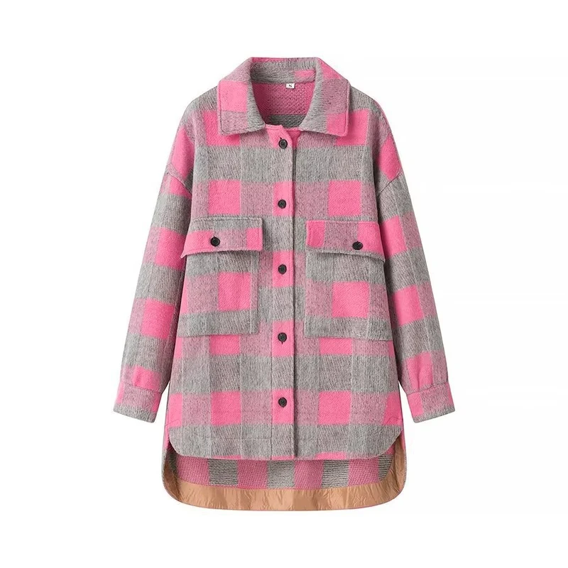 Damen Oversize-Karo‑Teddyjacke mit verlängertem Rückenteil und aufgesetzten Brusttaschen Nord Taschen