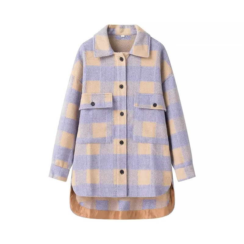 Damen Oversize-Karo‑Teddyjacke mit verlängertem Rückenteil und aufgesetzten Brusttaschen Nord Taschen