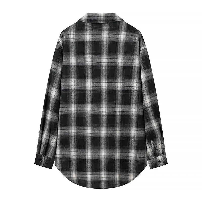 Damen Oversize‑Karo‑Hemdbluse mit aufgesetzten Brusttaschen und abgerundetem Saum Nord Taschen