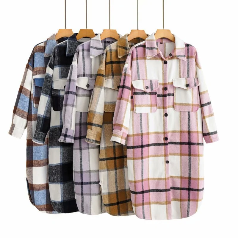 Damen Oversize-kariertes Longline-Überhemd mit Brustklappen Nord Taschen