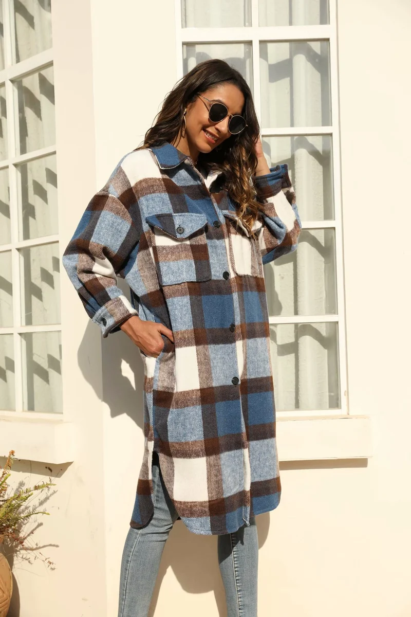 Damen Oversize-kariertes Longline-Überhemd mit Brustklappen Nord Taschen
