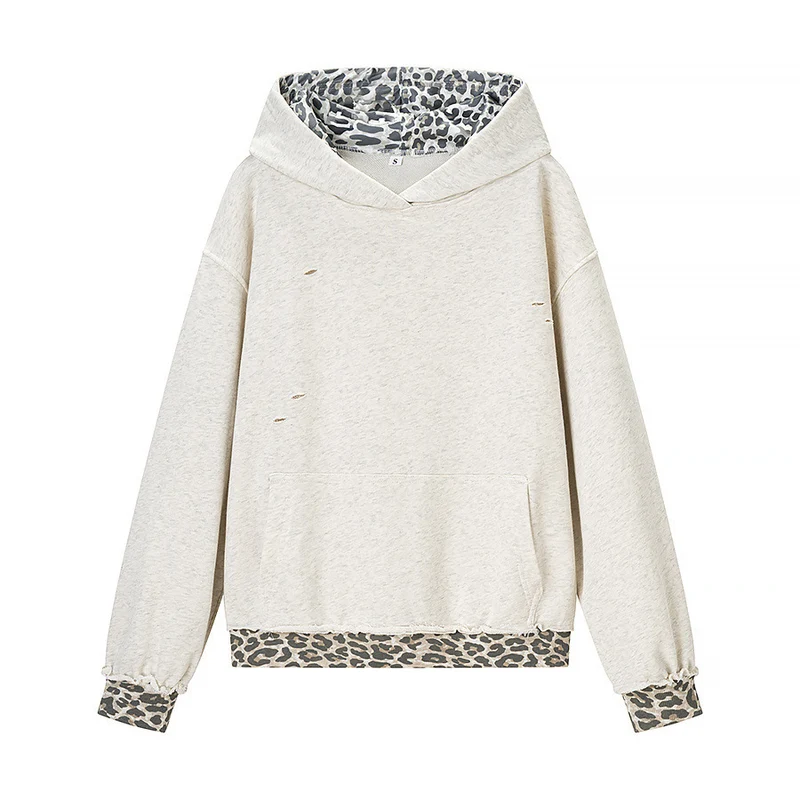 Damen Oversize‑Kapuzenpullover mit Leo‑Futter, Used‑Details und Kängurutasche Nord Taschen