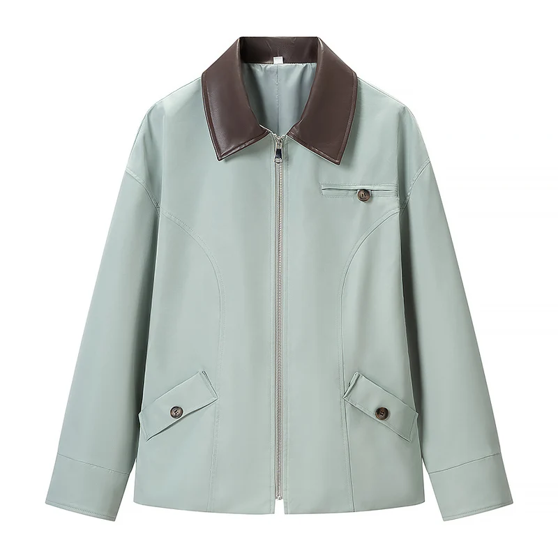 Damen Oversize-Jacke aus Lederoptik mit kontrastierendem Hemdkragen und Reißverschluss Nord Taschen
